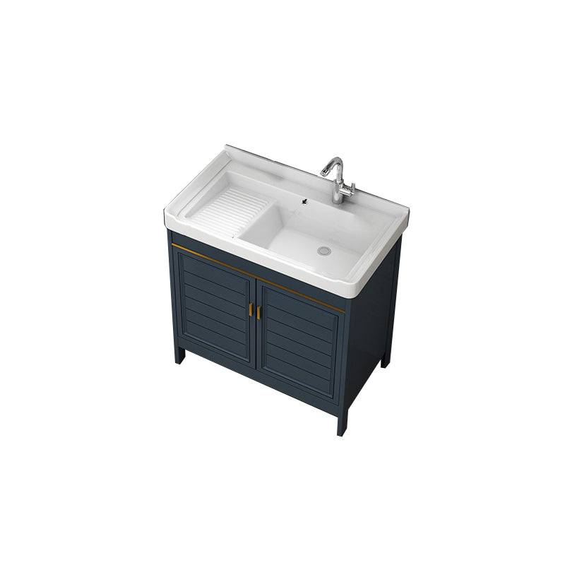 Blue Bath Vanity Single Sink Freestanding Metal Frame Mirror Vanity with Soft Close Doors Vanity & Faucet 31.9"L x 18.9"W x 32.7"H Clearhalo 'Bathroom Remodel & Bathroom Fixtures' 'Bathroom Vanities' 'bathroom_vanities' 'Home Improvement' 'home_improvement' 'home_improvement_bathroom_vanities' 6849851