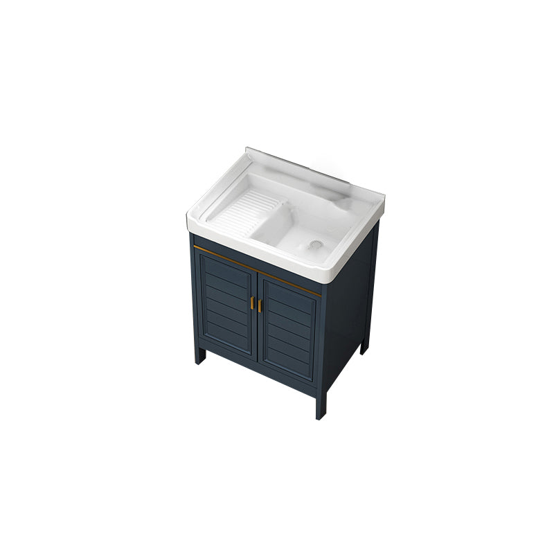 Blue Bath Vanity Single Sink Freestanding Metal Frame Mirror Vanity with Soft Close Doors Bathroom Vanity Clearhalo 'Bathroom Remodel & Bathroom Fixtures' 'Bathroom Vanities' 'bathroom_vanities' 'Home Improvement' 'home_improvement' 'home_improvement_bathroom_vanities' 6849855