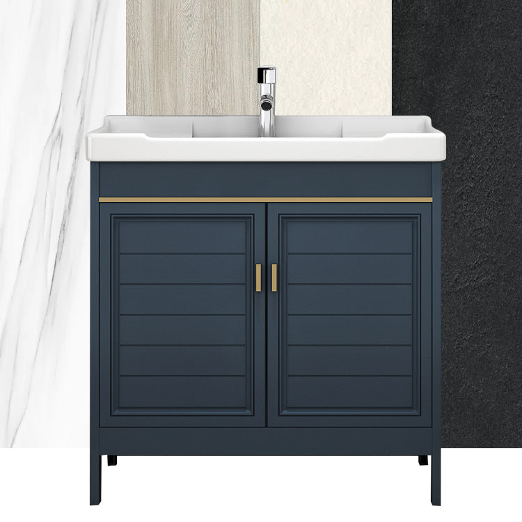 Blue Bath Vanity Single Sink Freestanding Metal Frame Mirror Vanity with Soft Close Doors Clearhalo 'Bathroom Remodel & Bathroom Fixtures' 'Bathroom Vanities' 'bathroom_vanities' 'Home Improvement' 'home_improvement' 'home_improvement_bathroom_vanities' 6849862