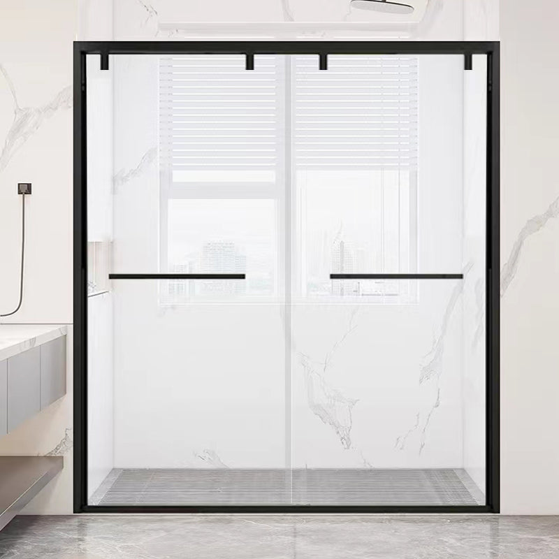 Double Sliding Semi Frameless Inline Tempered Glass Shower Door Black Clearhalo 'Bathroom Remodel & Bathroom Fixtures' 'Home Improvement' 'home_improvement' 'home_improvement_shower_tub_doors' 'Shower and Tub Doors' 'shower_tub_doors' 'Showers & Bathtubs' 6850581