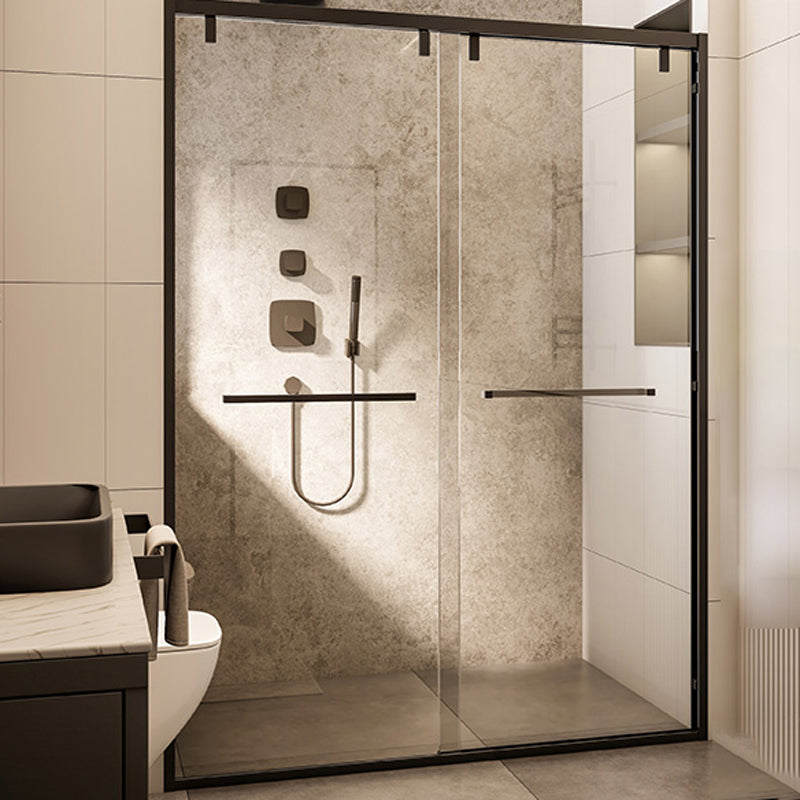 Black Stainless Steel Narrow Frame Semi Frameless Double Sliding Shower Door Clearhalo 'Bathroom Remodel & Bathroom Fixtures' 'Home Improvement' 'home_improvement' 'home_improvement_shower_tub_doors' 'Shower and Tub Doors' 'shower_tub_doors' 'Showers & Bathtubs' 6850760