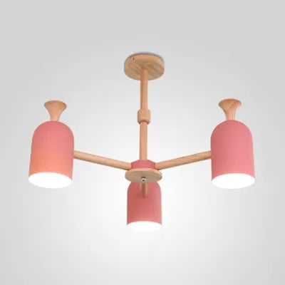 Candy Colored Goblet Chandelier Macaron Loft Wood Hanging Light for Kid Bedroom 3 Pink Clearhalo 'Ceiling Lights' 'Chandeliers' Lighting' options 68560_530c2973-cdf9-4224-a654-1b38ff908b1f