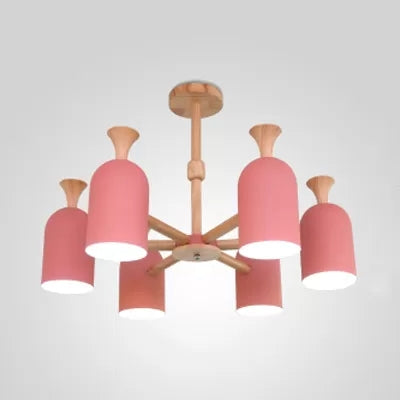 Candy Colored Goblet Chandelier Macaron Loft Wood Hanging Light for Kid Bedroom 6 Pink Clearhalo 'Ceiling Lights' 'Chandeliers' Lighting' options 68561_6ea3dc9f-e15f-4770-b5cf-685f9d6a3433
