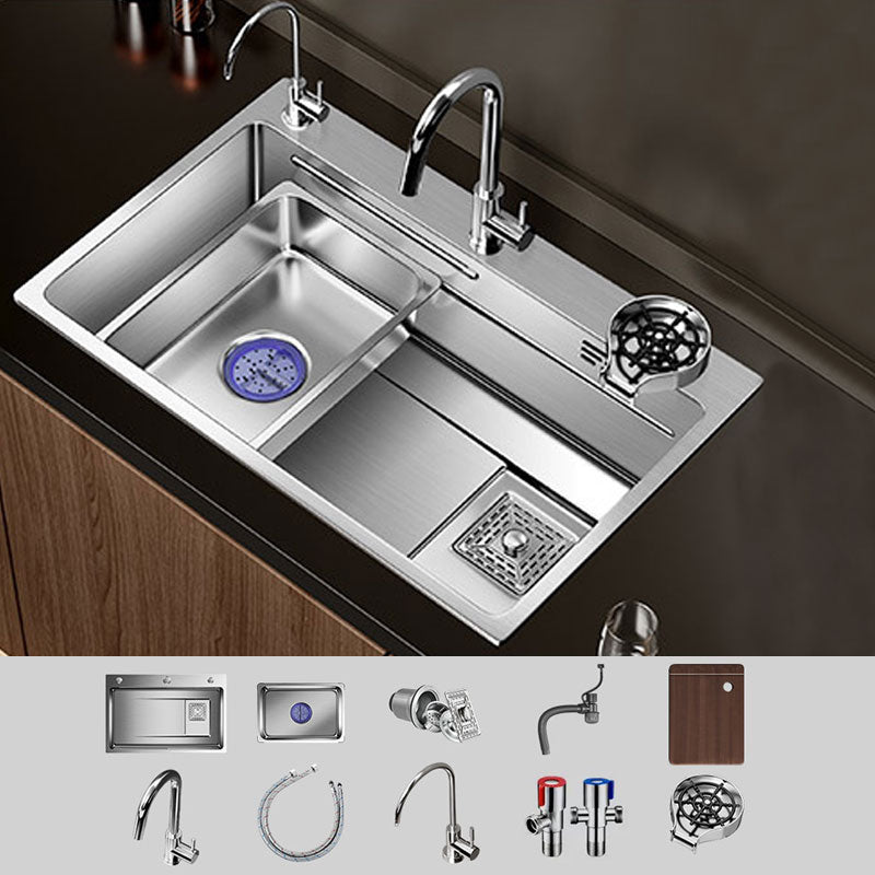 Modern Kitchen Sink Stainless Steel Strainer Kitchen Sink with Faucet in Chrome Sink with Faucet Cold and Hot Faucet & Water Filter Faucet & Cup Washer Clearhalo 'Home Improvement' 'home_improvement' 'home_improvement_kitchen_sinks' 'Kitchen Remodel & Kitchen Fixtures' 'Kitchen Sinks & Faucet Components' 'Kitchen Sinks' 'kitchen_sinks' 6859675