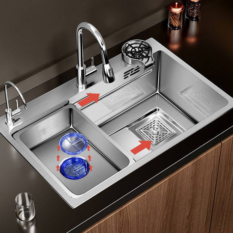Modern Kitchen Sink Stainless Steel Strainer Kitchen Sink with Faucet in Chrome Clearhalo 'Home Improvement' 'home_improvement' 'home_improvement_kitchen_sinks' 'Kitchen Remodel & Kitchen Fixtures' 'Kitchen Sinks & Faucet Components' 'Kitchen Sinks' 'kitchen_sinks' 6859676