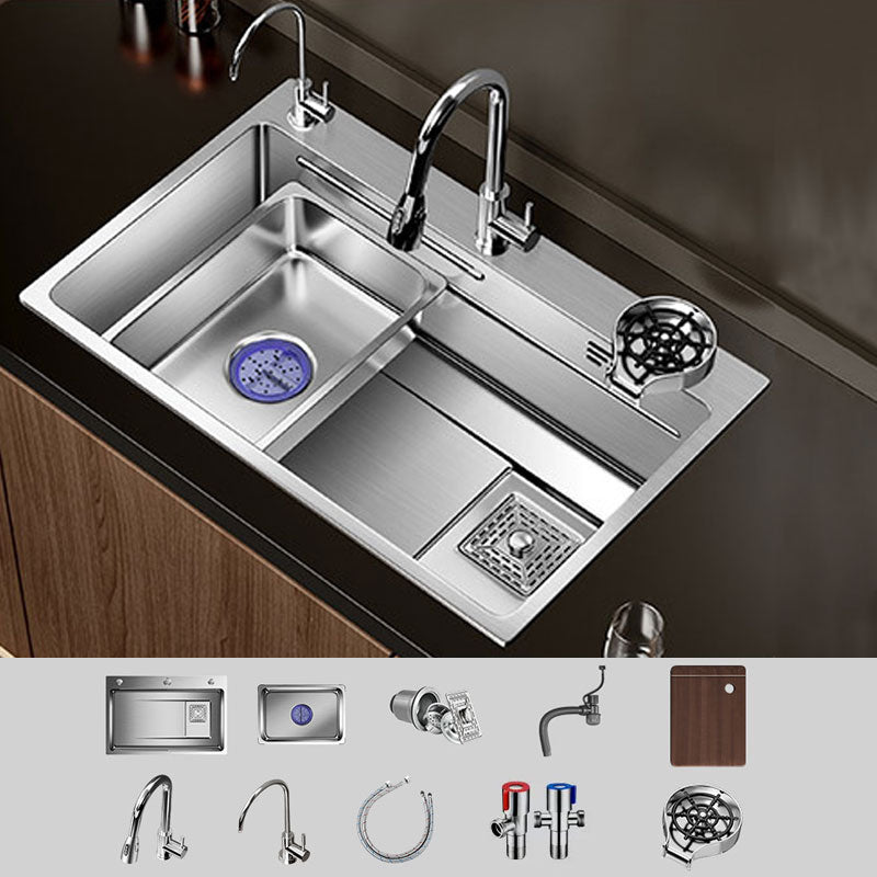 Modern Kitchen Sink Stainless Steel Strainer Kitchen Sink with Faucet in Chrome Sink with Faucet Pull Out Faucet & Water Filter Faucet & Cup Washer Clearhalo 'Home Improvement' 'home_improvement' 'home_improvement_kitchen_sinks' 'Kitchen Remodel & Kitchen Fixtures' 'Kitchen Sinks & Faucet Components' 'Kitchen Sinks' 'kitchen_sinks' 6859679