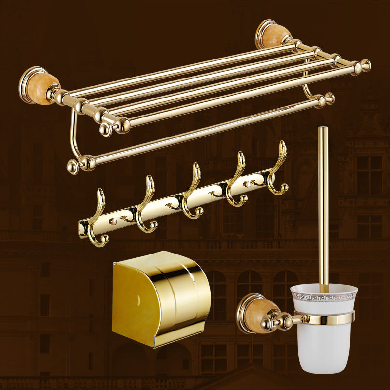 Contemporary Brushed Brass Bathroom Accessory As Individual Or As a Set 4-Piece Set (with Hook) Clearhalo 'Bathroom Hardware Sets' 'Bathroom Hardware' 'Bathroom Remodel & Bathroom Fixtures' 'bathroom_hardware_sets' 'Home Improvement' 'home_improvement' 'home_improvement_bathroom_hardware_sets' 6864398