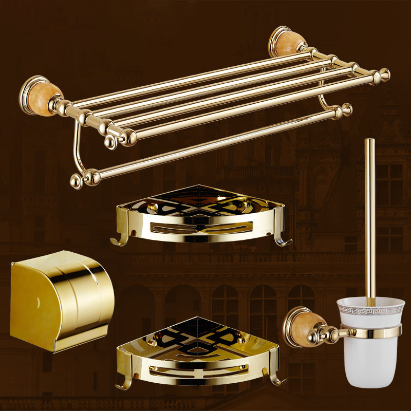 Contemporary Brushed Brass Bathroom Accessory As Individual Or As a Set 5 piece Set Clearhalo 'Bathroom Hardware Sets' 'Bathroom Hardware' 'Bathroom Remodel & Bathroom Fixtures' 'bathroom_hardware_sets' 'Home Improvement' 'home_improvement' 'home_improvement_bathroom_hardware_sets' 6864399