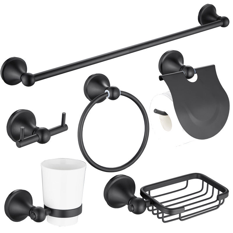 6-Piece Modern Bath Hardware Set in Stainless Steel Matte Black Robe Hooks/Towel Ring Bar 6-Piece Set Clearhalo 'Bathroom Hardware Sets' 'Bathroom Hardware' 'Bathroom Remodel & Bathroom Fixtures' 'bathroom_hardware_sets' 'Home Improvement' 'home_improvement' 'home_improvement_bathroom_hardware_sets' 6864475