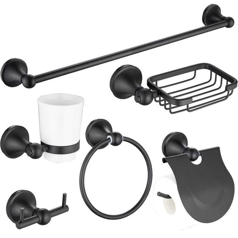 6-Piece Modern Bath Hardware Set in Stainless Steel Matte Black Robe Hooks/Towel Ring Bar Clearhalo 'Bathroom Hardware Sets' 'Bathroom Hardware' 'Bathroom Remodel & Bathroom Fixtures' 'bathroom_hardware_sets' 'Home Improvement' 'home_improvement' 'home_improvement_bathroom_hardware_sets' 6864479