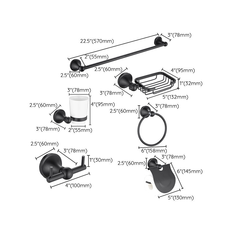 6-Piece Modern Bath Hardware Set in Stainless Steel Matte Black Robe Hooks/Towel Ring Bar Clearhalo 'Bathroom Hardware Sets' 'Bathroom Hardware' 'Bathroom Remodel & Bathroom Fixtures' 'bathroom_hardware_sets' 'Home Improvement' 'home_improvement' 'home_improvement_bathroom_hardware_sets' 6864485