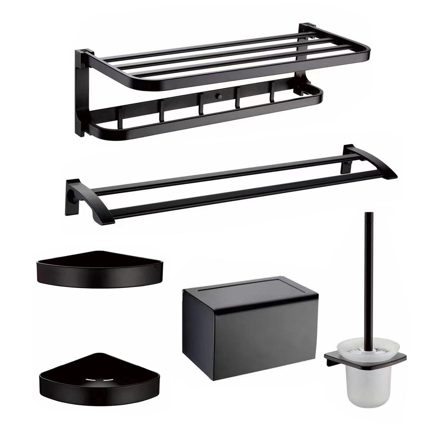 Contemporary Metal 6-Piece Bathroom Accessory Set with Bath Shelf Black 6-Piece Set Clearhalo 'Bathroom Hardware Sets' 'Bathroom Hardware' 'Bathroom Remodel & Bathroom Fixtures' 'bathroom_hardware_sets' 'Home Improvement' 'home_improvement' 'home_improvement_bathroom_hardware_sets' 6864509