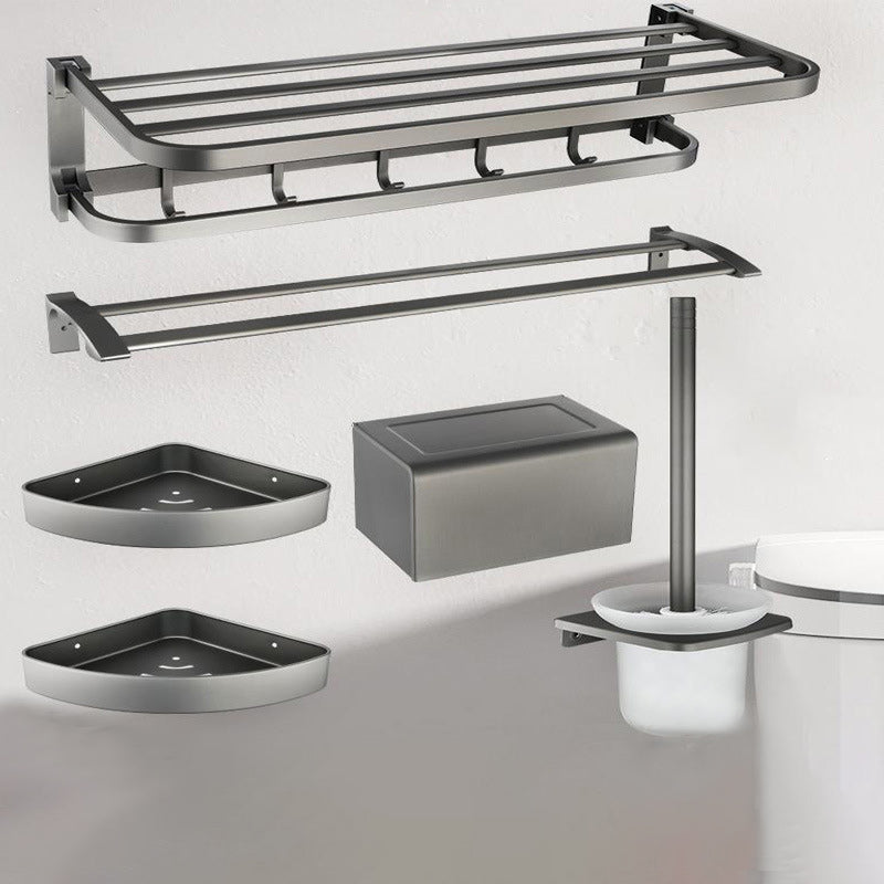 Contemporary Metal 6-Piece Bathroom Accessory Set with Bath Shelf Clearhalo 'Bathroom Hardware Sets' 'Bathroom Hardware' 'Bathroom Remodel & Bathroom Fixtures' 'bathroom_hardware_sets' 'Home Improvement' 'home_improvement' 'home_improvement_bathroom_hardware_sets' 6864510