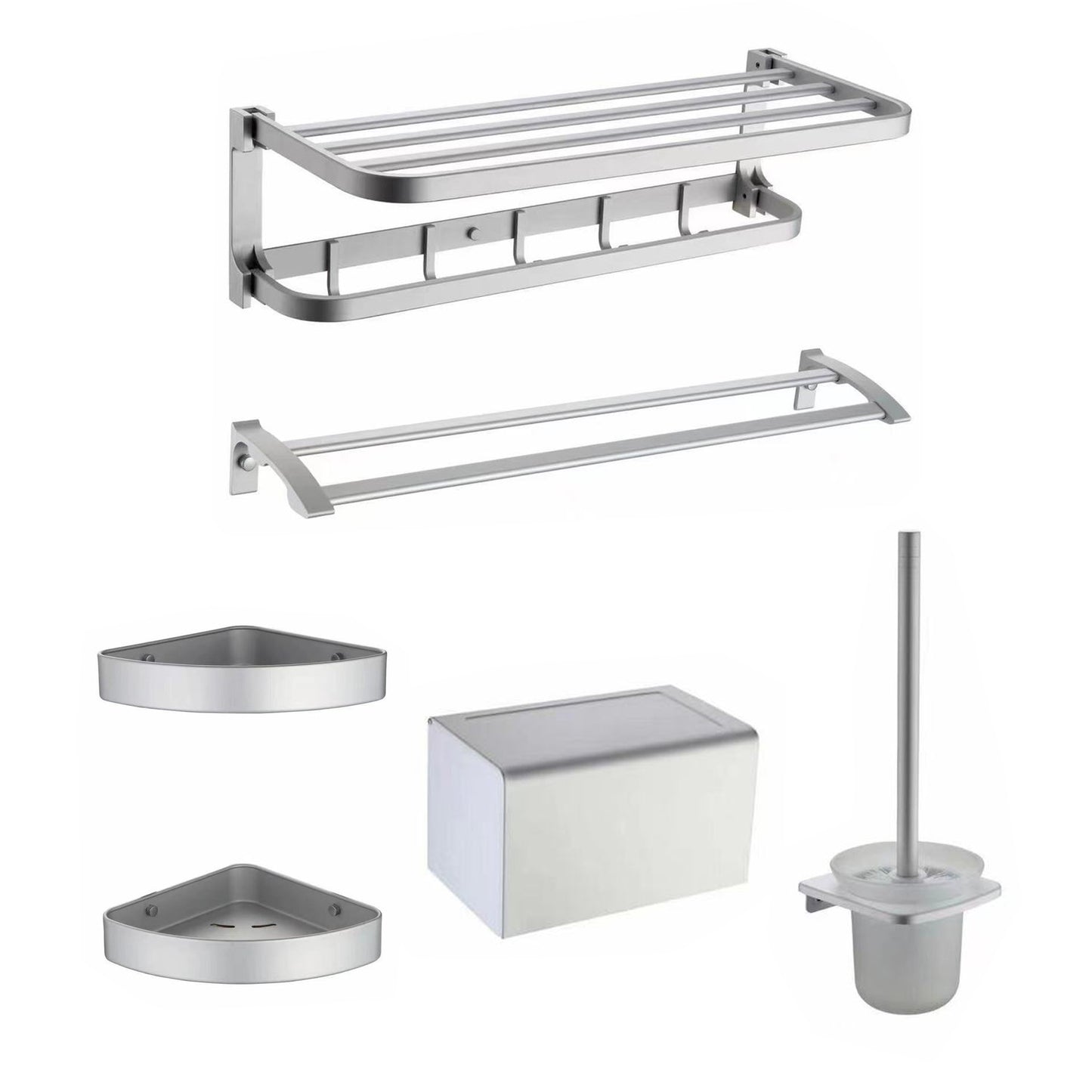 Contemporary Metal 6-Piece Bathroom Accessory Set with Bath Shelf Silver 6-Piece Set Clearhalo 'Bathroom Hardware Sets' 'Bathroom Hardware' 'Bathroom Remodel & Bathroom Fixtures' 'bathroom_hardware_sets' 'Home Improvement' 'home_improvement' 'home_improvement_bathroom_hardware_sets' 6864512