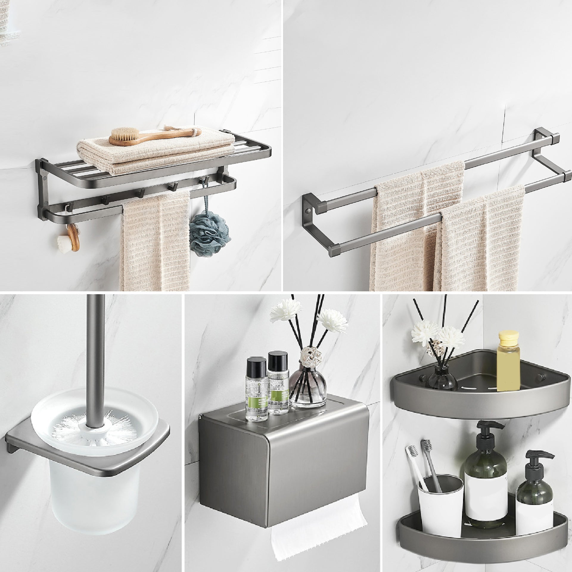 Contemporary Metal 6-Piece Bathroom Accessory Set with Bath Shelf White/ Gray 6-Piece Set Clearhalo 'Bathroom Hardware Sets' 'Bathroom Hardware' 'Bathroom Remodel & Bathroom Fixtures' 'bathroom_hardware_sets' 'Home Improvement' 'home_improvement' 'home_improvement_bathroom_hardware_sets' 6864514