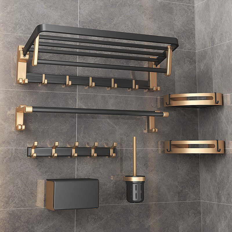 Contemporary Metal 6-Piece Bathroom Accessory Set with Bath Shelf Black/ Gold 6-Piece Set Clearhalo 'Bathroom Hardware Sets' 'Bathroom Hardware' 'Bathroom Remodel & Bathroom Fixtures' 'bathroom_hardware_sets' 'Home Improvement' 'home_improvement' 'home_improvement_bathroom_hardware_sets' 6864516