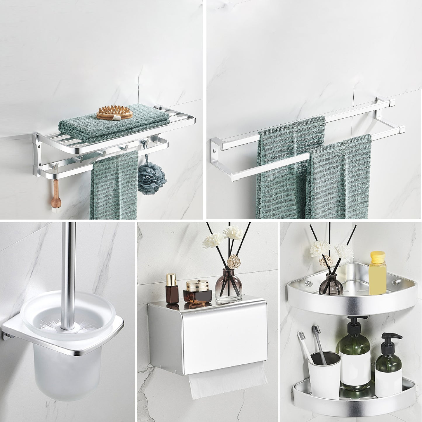 Contemporary Metal 6-Piece Bathroom Accessory Set with Bath Shelf Silver/Gray 6-Piece Set Clearhalo 'Bathroom Hardware Sets' 'Bathroom Hardware' 'Bathroom Remodel & Bathroom Fixtures' 'bathroom_hardware_sets' 'Home Improvement' 'home_improvement' 'home_improvement_bathroom_hardware_sets' 6864518