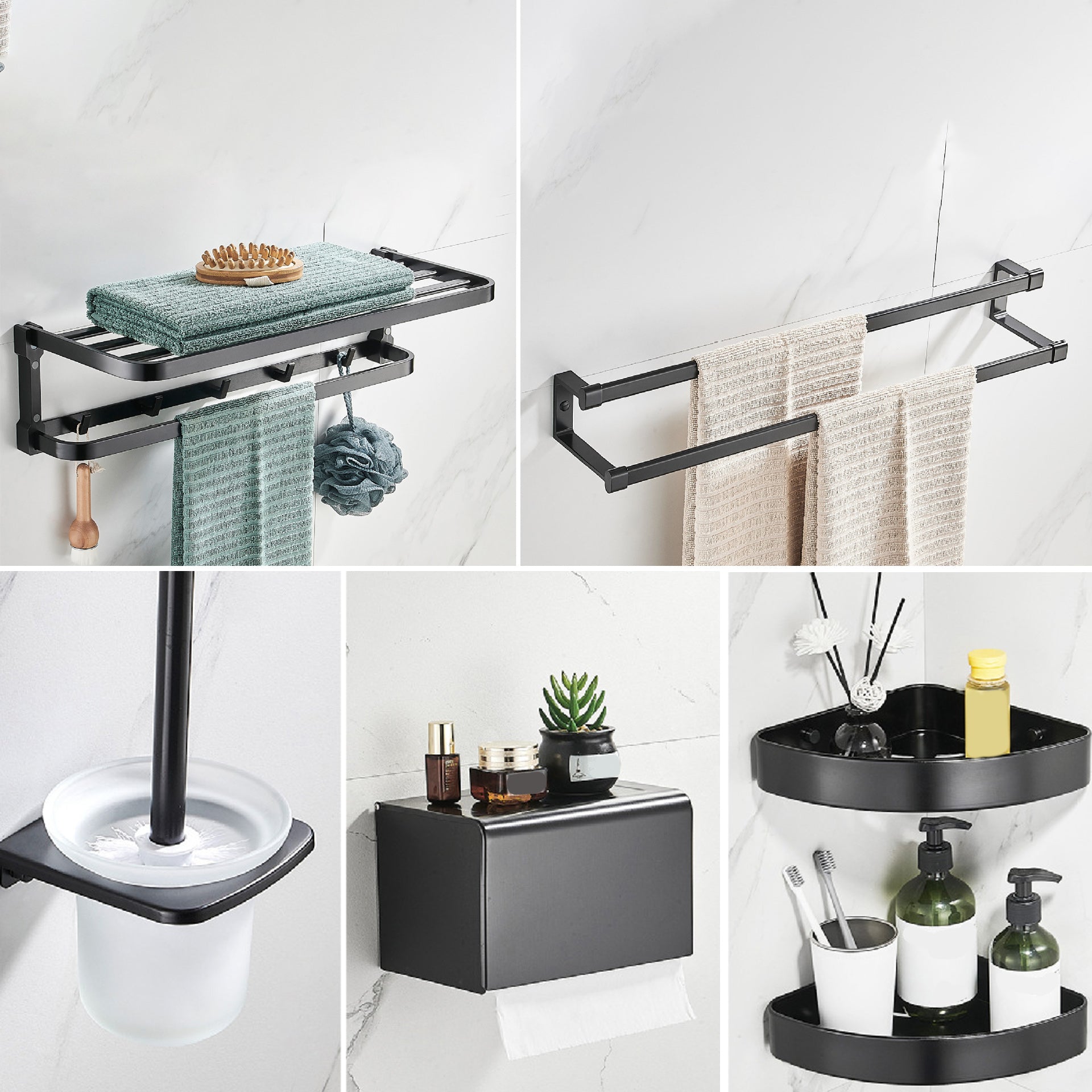 Contemporary Metal 6-Piece Bathroom Accessory Set with Bath Shelf Black/Gray 6-Piece Set Clearhalo 'Bathroom Hardware Sets' 'Bathroom Hardware' 'Bathroom Remodel & Bathroom Fixtures' 'bathroom_hardware_sets' 'Home Improvement' 'home_improvement' 'home_improvement_bathroom_hardware_sets' 6864520