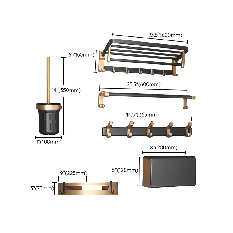 Contemporary Metal 6-Piece Bathroom Accessory Set with Bath Shelf Clearhalo 'Bathroom Hardware Sets' 'Bathroom Hardware' 'Bathroom Remodel & Bathroom Fixtures' 'bathroom_hardware_sets' 'Home Improvement' 'home_improvement' 'home_improvement_bathroom_hardware_sets' 6864526