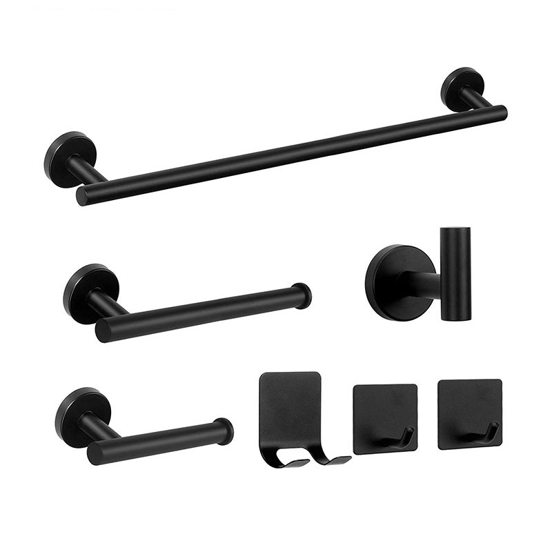 Matte Black Bathroom Hardware Set Stainless Steel Towel Bar/Paper Holder/Robe Hooks 7-Piece Set Clearhalo 'Bathroom Hardware Sets' 'Bathroom Hardware' 'Bathroom Remodel & Bathroom Fixtures' 'bathroom_hardware_sets' 'Home Improvement' 'home_improvement' 'home_improvement_bathroom_hardware_sets' 6864561