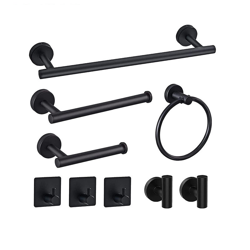 Matte Black Bathroom Hardware Set Stainless Steel Towel Bar/Paper Holder/Robe Hooks 9-Piece Set Clearhalo 'Bathroom Hardware Sets' 'Bathroom Hardware' 'Bathroom Remodel & Bathroom Fixtures' 'bathroom_hardware_sets' 'Home Improvement' 'home_improvement' 'home_improvement_bathroom_hardware_sets' 6864562