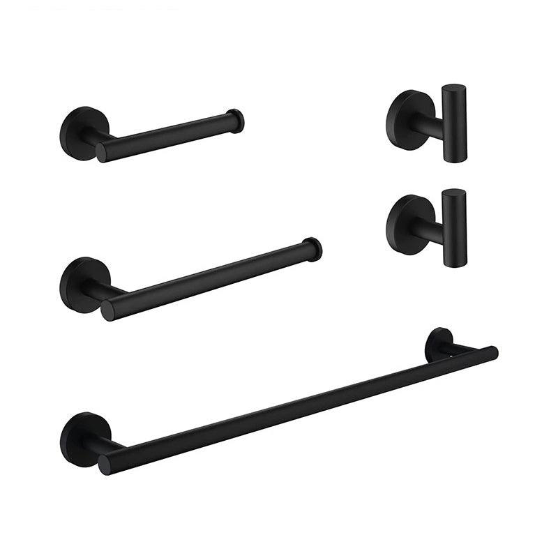 Matte Black Bathroom Hardware Set Stainless Steel Towel Bar/Paper Holder/Robe Hooks 5 piece Set Clearhalo 'Bathroom Hardware Sets' 'Bathroom Hardware' 'Bathroom Remodel & Bathroom Fixtures' 'bathroom_hardware_sets' 'Home Improvement' 'home_improvement' 'home_improvement_bathroom_hardware_sets' 6864566