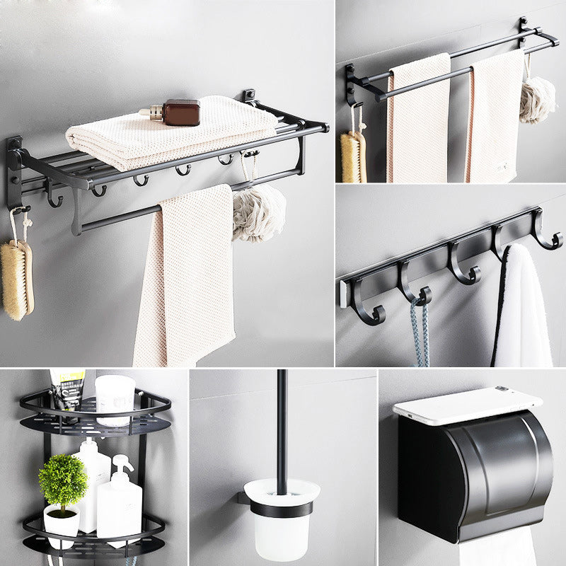 6-Piece Modern Bathroom Hardware Set in Matte Black with Bath Shelf/Towel Bar & Robe Hooks 6-Piece Set Clearhalo 'Bathroom Hardware Sets' 'Bathroom Hardware' 'Bathroom Remodel & Bathroom Fixtures' 'bathroom_hardware_sets' 'Home Improvement' 'home_improvement' 'home_improvement_bathroom_hardware_sets' 6864577