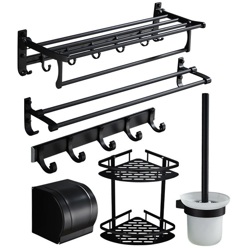 6-Piece Modern Bathroom Hardware Set in Matte Black with Bath Shelf/Towel Bar & Robe Hooks Clearhalo 'Bathroom Hardware Sets' 'Bathroom Hardware' 'Bathroom Remodel & Bathroom Fixtures' 'bathroom_hardware_sets' 'Home Improvement' 'home_improvement' 'home_improvement_bathroom_hardware_sets' 6864581