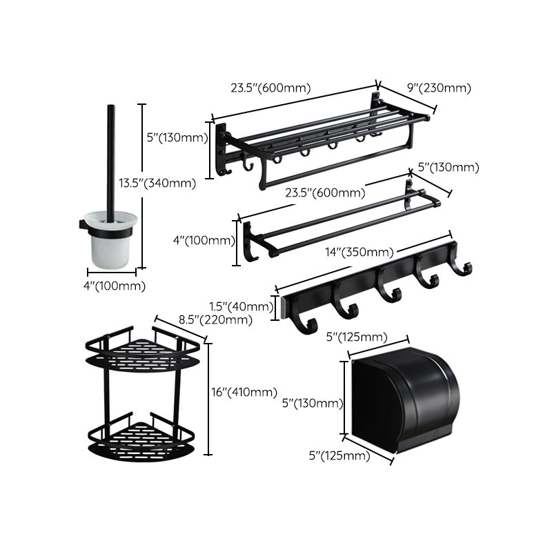 6-Piece Modern Bathroom Hardware Set in Matte Black with Bath Shelf/Towel Bar & Robe Hooks Clearhalo 'Bathroom Hardware Sets' 'Bathroom Hardware' 'Bathroom Remodel & Bathroom Fixtures' 'bathroom_hardware_sets' 'Home Improvement' 'home_improvement' 'home_improvement_bathroom_hardware_sets' 6864587