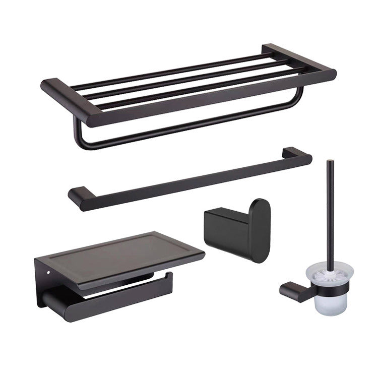 5-Piece Modern Bath Hardware Set in Stainless Steel with Towel Bar/Robe Hooks/Paper Holder Black 5 piece Set Clearhalo 'Bathroom Hardware Sets' 'Bathroom Hardware' 'Bathroom Remodel & Bathroom Fixtures' 'bathroom_hardware_sets' 'Home Improvement' 'home_improvement' 'home_improvement_bathroom_hardware_sets' 6864622