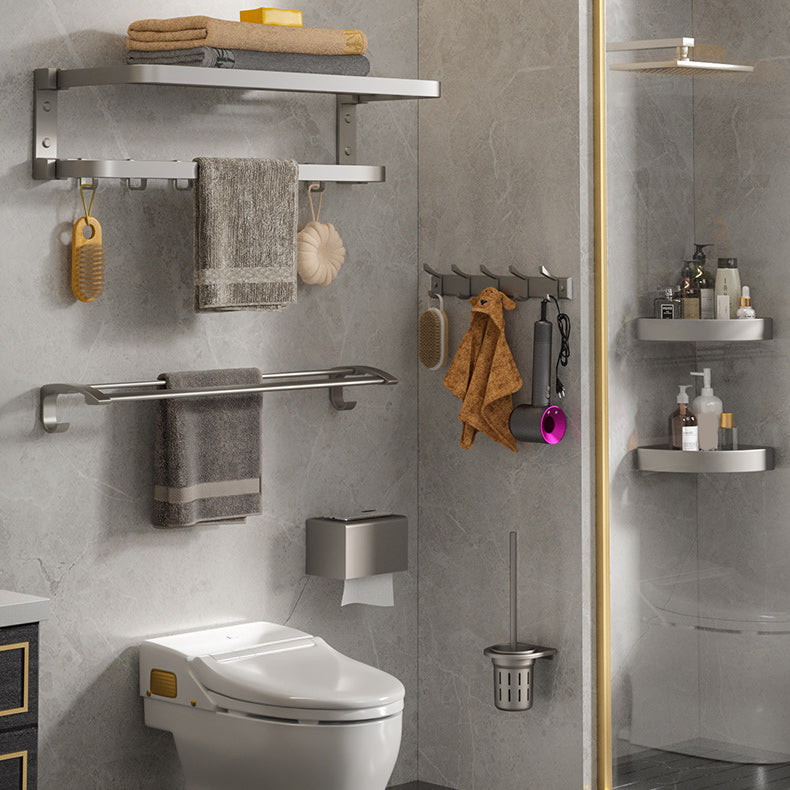 Modern Gray Bathroom Accessory Set Aluminum Stainless Bath Shelf/Robe Hooks/Towel Bar Clearhalo 'Bathroom Hardware Sets' 'Bathroom Hardware' 'Bathroom Remodel & Bathroom Fixtures' 'bathroom_hardware_sets' 'Home Improvement' 'home_improvement' 'home_improvement_bathroom_hardware_sets' 6864629