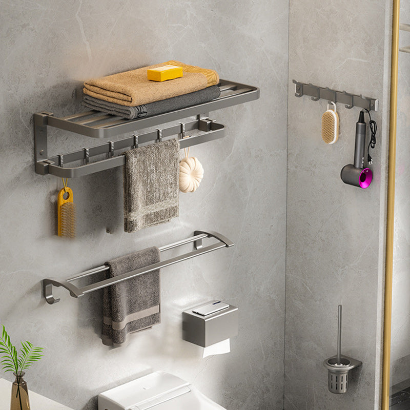 Modern Gray Bathroom Accessory Set Aluminum Stainless Bath Shelf/Robe Hooks/Towel Bar 5-Piece Set (Toilet Brush) Clearhalo 'Bathroom Hardware Sets' 'Bathroom Hardware' 'Bathroom Remodel & Bathroom Fixtures' 'bathroom_hardware_sets' 'Home Improvement' 'home_improvement' 'home_improvement_bathroom_hardware_sets' 6864641