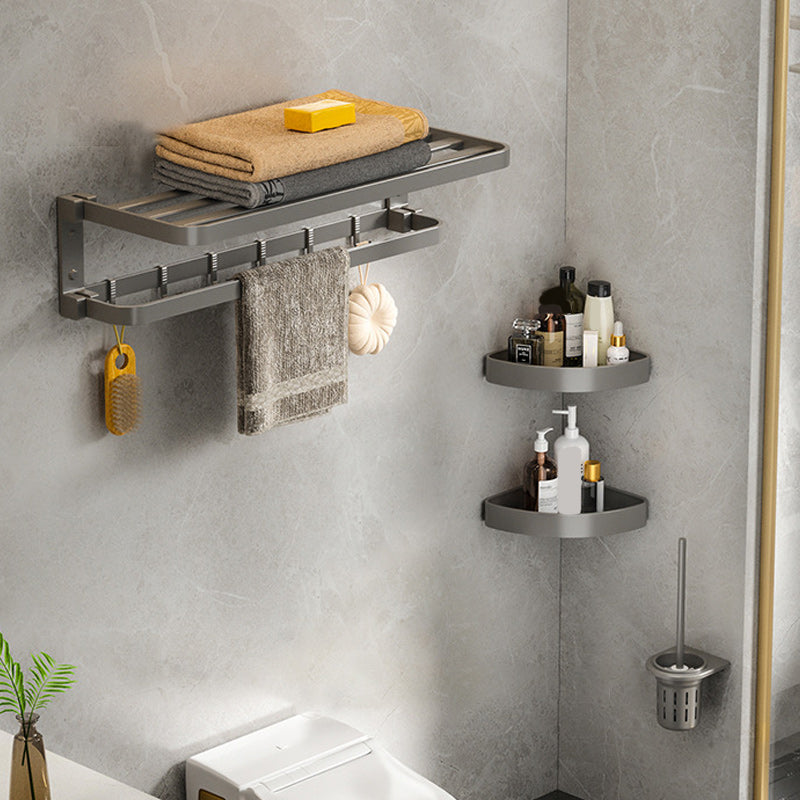 Modern Gray Bathroom Accessory Set Aluminum Stainless Bath Shelf/Robe Hooks/Towel Bar 4-Piece Set (Toilet Brush) Clearhalo 'Bathroom Hardware Sets' 'Bathroom Hardware' 'Bathroom Remodel & Bathroom Fixtures' 'bathroom_hardware_sets' 'Home Improvement' 'home_improvement' 'home_improvement_bathroom_hardware_sets' 6864646