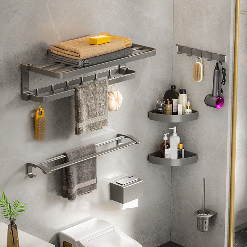 Modern Gray Bathroom Accessory Set Aluminum Stainless Bath Shelf/Robe Hooks/Towel Bar 7-Piece Set Clearhalo 'Bathroom Hardware Sets' 'Bathroom Hardware' 'Bathroom Remodel & Bathroom Fixtures' 'bathroom_hardware_sets' 'Home Improvement' 'home_improvement' 'home_improvement_bathroom_hardware_sets' 6864648