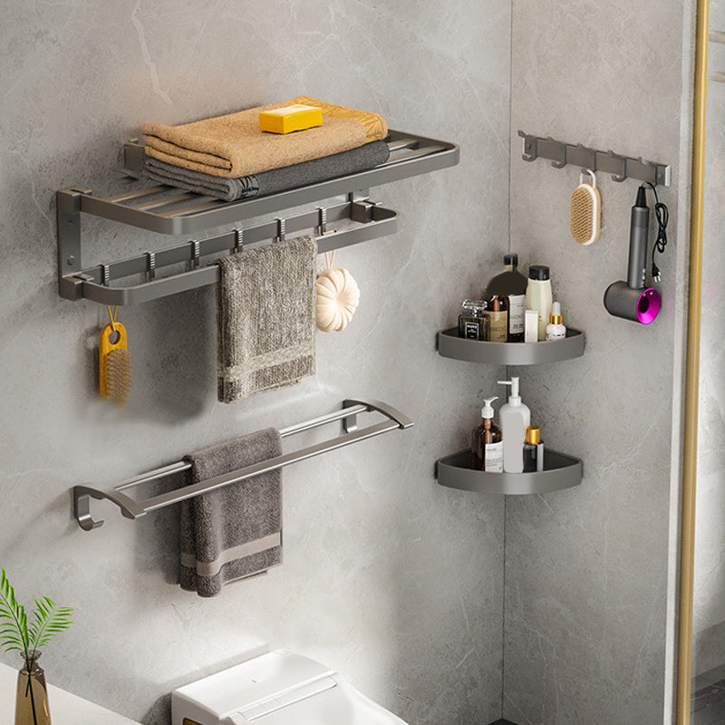 Modern Gray Bathroom Accessory Set Aluminum Stainless Bath Shelf/Robe Hooks/Towel Bar 5-Piece Set (Row Hook) Clearhalo 'Bathroom Hardware Sets' 'Bathroom Hardware' 'Bathroom Remodel & Bathroom Fixtures' 'bathroom_hardware_sets' 'Home Improvement' 'home_improvement' 'home_improvement_bathroom_hardware_sets' 6864649