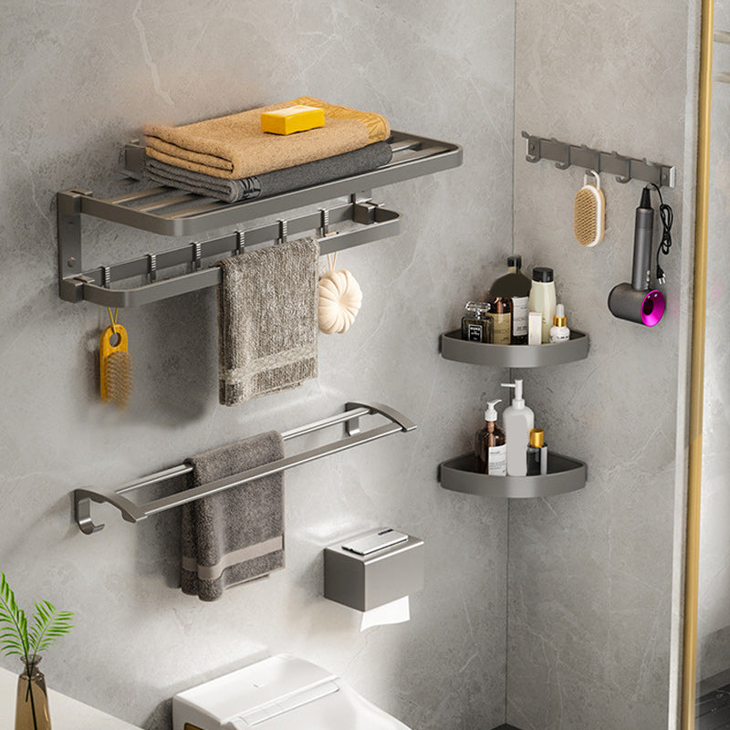 Modern Gray Bathroom Accessory Set Aluminum Stainless Bath Shelf/Robe Hooks/Towel Bar 6-Piece Set (Row Hook) Clearhalo 'Bathroom Hardware Sets' 'Bathroom Hardware' 'Bathroom Remodel & Bathroom Fixtures' 'bathroom_hardware_sets' 'Home Improvement' 'home_improvement' 'home_improvement_bathroom_hardware_sets' 6864650