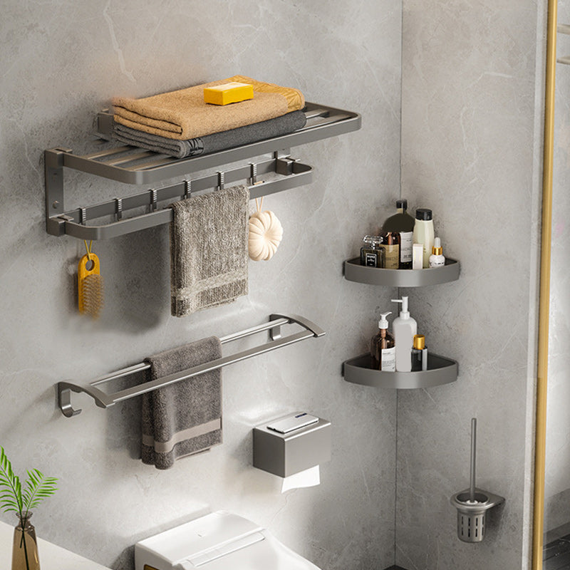 Modern Gray Bathroom Accessory Set Aluminum Stainless Bath Shelf/Robe Hooks/Towel Bar 6-Piece Set (Toilet Brush) Clearhalo 'Bathroom Hardware Sets' 'Bathroom Hardware' 'Bathroom Remodel & Bathroom Fixtures' 'bathroom_hardware_sets' 'Home Improvement' 'home_improvement' 'home_improvement_bathroom_hardware_sets' 6864651