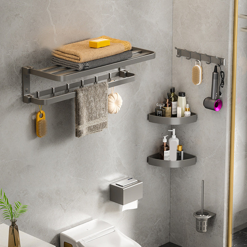 Gray Contemporary Bathroom Accessory Set Bath Shelf/Towel Bar & Robe Hooks  Included - Clearhalo