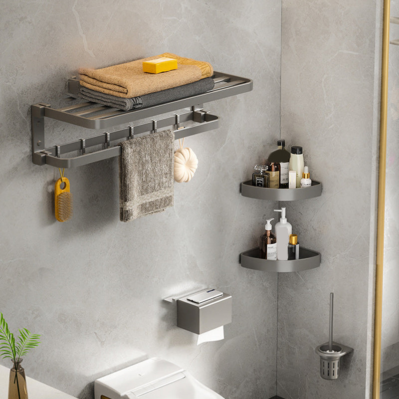 Modern Gray Bathroom Accessory Set Aluminum Stainless Bath Shelf/Robe Hooks/Towel Bar 5-Piece Set (Triangle Bath Shelf) Clearhalo 'Bathroom Hardware Sets' 'Bathroom Hardware' 'Bathroom Remodel & Bathroom Fixtures' 'bathroom_hardware_sets' 'Home Improvement' 'home_improvement' 'home_improvement_bathroom_hardware_sets' 6864653