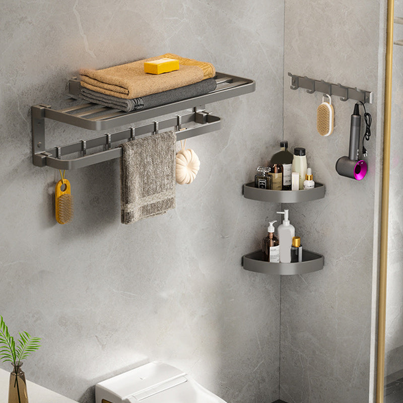 Modern Gray Bathroom Accessory Set Aluminum Stainless Bath Shelf/Robe Hooks/Towel Bar 4-Piece Set (Row Hook) Clearhalo 'Bathroom Hardware Sets' 'Bathroom Hardware' 'Bathroom Remodel & Bathroom Fixtures' 'bathroom_hardware_sets' 'Home Improvement' 'home_improvement' 'home_improvement_bathroom_hardware_sets' 6864656