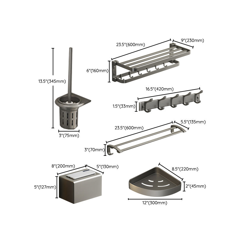 Modern Gray Bathroom Accessory Set Aluminum Stainless Bath Shelf/Robe Hooks/Towel Bar Clearhalo 'Bathroom Hardware Sets' 'Bathroom Hardware' 'Bathroom Remodel & Bathroom Fixtures' 'bathroom_hardware_sets' 'Home Improvement' 'home_improvement' 'home_improvement_bathroom_hardware_sets' 6864657