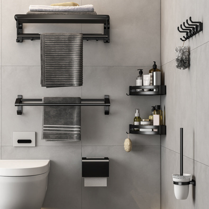 Contemporary Bath Hardware Set Matte Black Bathroom Set with Robe Hooks/Towel Bar Clearhalo 'Bathroom Hardware Sets' 'Bathroom Hardware' 'Bathroom Remodel & Bathroom Fixtures' 'bathroom_hardware_sets' 'Home Improvement' 'home_improvement' 'home_improvement_bathroom_hardware_sets' 6864663