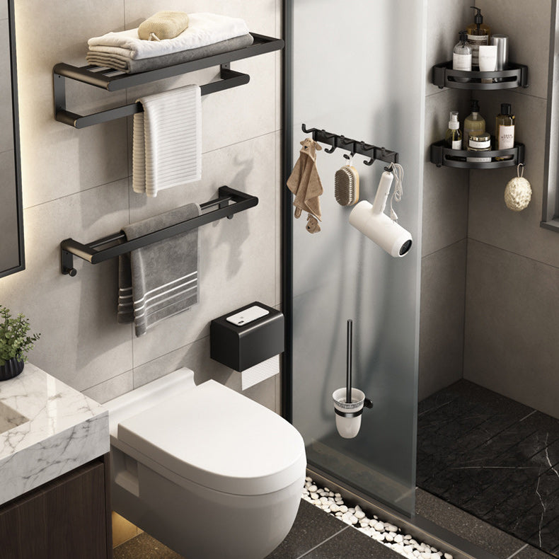 Contemporary Bath Hardware Set Matte Black Bathroom Set with Robe Hooks/Towel Bar Clearhalo 'Bathroom Hardware Sets' 'Bathroom Hardware' 'Bathroom Remodel & Bathroom Fixtures' 'bathroom_hardware_sets' 'Home Improvement' 'home_improvement' 'home_improvement_bathroom_hardware_sets' 6864664