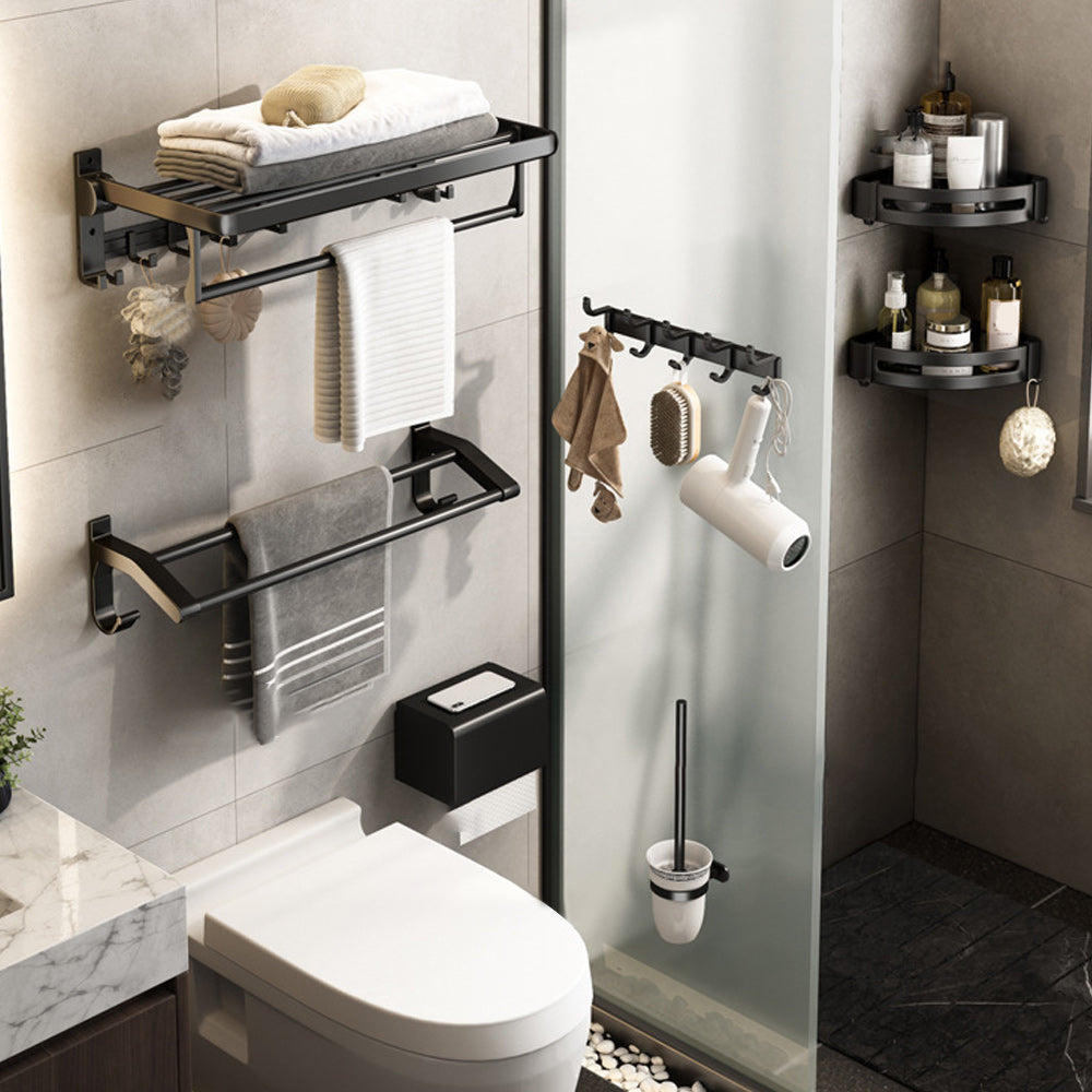 Contemporary Bath Hardware Set Matte Black Bathroom Set with Robe Hooks/Towel Bar 7-Piece Set Clearhalo 'Bathroom Hardware Sets' 'Bathroom Hardware' 'Bathroom Remodel & Bathroom Fixtures' 'bathroom_hardware_sets' 'Home Improvement' 'home_improvement' 'home_improvement_bathroom_hardware_sets' 6864677