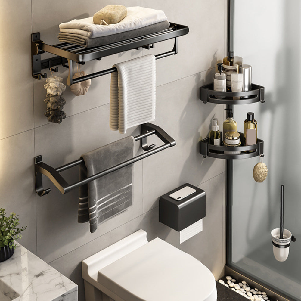 Contemporary Bath Hardware Set Matte Black Bathroom Set with Robe Hooks/Towel Bar 6-Piece Set Clearhalo 'Bathroom Hardware Sets' 'Bathroom Hardware' 'Bathroom Remodel & Bathroom Fixtures' 'bathroom_hardware_sets' 'Home Improvement' 'home_improvement' 'home_improvement_bathroom_hardware_sets' 6864679