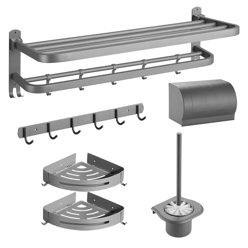 Modern Bath Hardware Set in Stainless Steel Matte Gray Robe Hooks/Towel Bar 6-Piece Set (Row Hook) Clearhalo 'Bathroom Hardware Sets' 'Bathroom Hardware' 'Bathroom Remodel & Bathroom Fixtures' 'bathroom_hardware_sets' 'Home Improvement' 'home_improvement' 'home_improvement_bathroom_hardware_sets' 6864701