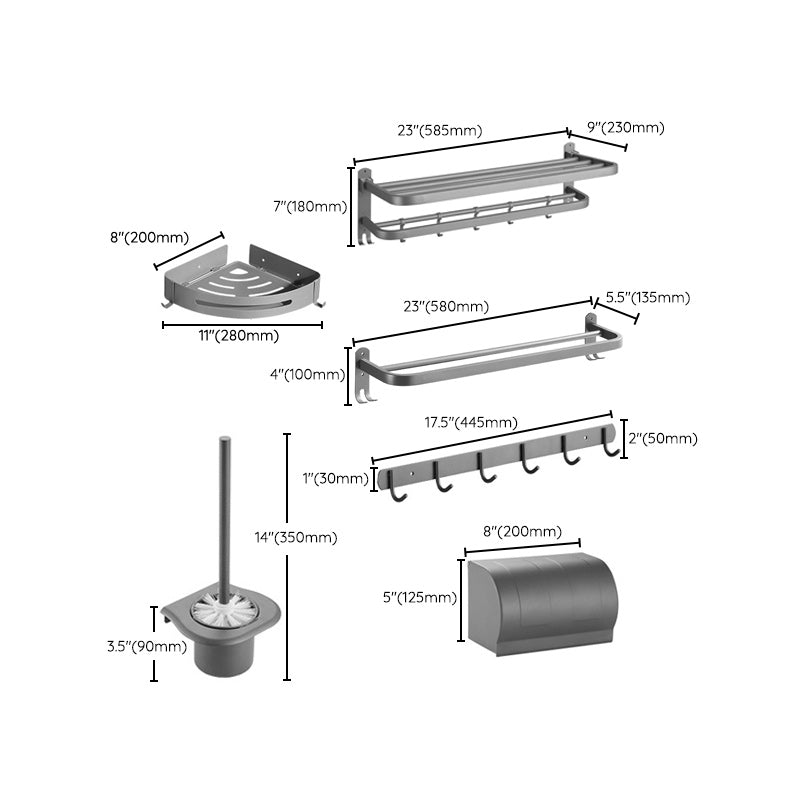 Modern Bath Hardware Set in Stainless Steel Matte Gray Robe Hooks/Towel Bar Clearhalo 'Bathroom Hardware Sets' 'Bathroom Hardware' 'Bathroom Remodel & Bathroom Fixtures' 'bathroom_hardware_sets' 'Home Improvement' 'home_improvement' 'home_improvement_bathroom_hardware_sets' 6864705