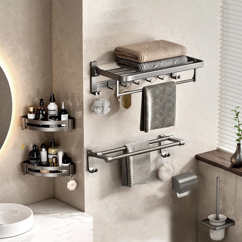 Contemporary Gray Bathroom Hardware Set Bath Shelf/Towel Bar Included Bathroom Set 6-Piece Set Clearhalo 'Bathroom Hardware Sets' 'Bathroom Hardware' 'Bathroom Remodel & Bathroom Fixtures' 'bathroom_hardware_sets' 'Home Improvement' 'home_improvement' 'home_improvement_bathroom_hardware_sets' 6864721