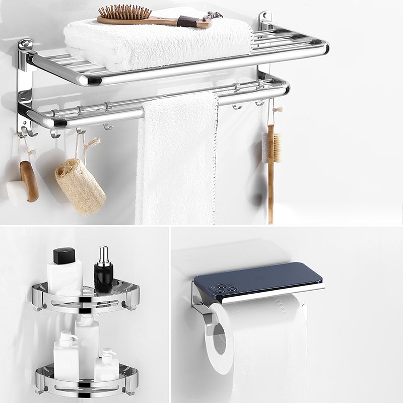 Modern Bathroom Set with Bath Shelf/Towel Bar Polished Chrome Bathroom Accessory Kit Horizontal with Hook 4-Piece Set (Toilet Paper Holder) Clearhalo 'Bathroom Hardware Sets' 'Bathroom Hardware' 'Bathroom Remodel & Bathroom Fixtures' 'bathroom_hardware_sets' 'Home Improvement' 'home_improvement' 'home_improvement_bathroom_hardware_sets' 6864773