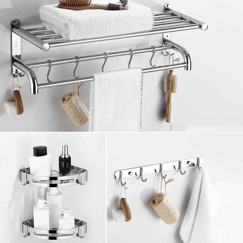 Modern Bathroom Set with Bath Shelf/Towel Bar Polished Chrome Bathroom Accessory Kit Curved Bar 4-Piece Set (Row Hook) Clearhalo 'Bathroom Hardware Sets' 'Bathroom Hardware' 'Bathroom Remodel & Bathroom Fixtures' 'bathroom_hardware_sets' 'Home Improvement' 'home_improvement' 'home_improvement_bathroom_hardware_sets' 6864775